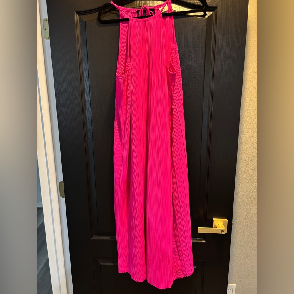 A New Day Hot Pink Plissé Pleated Midi Dress | Size Large